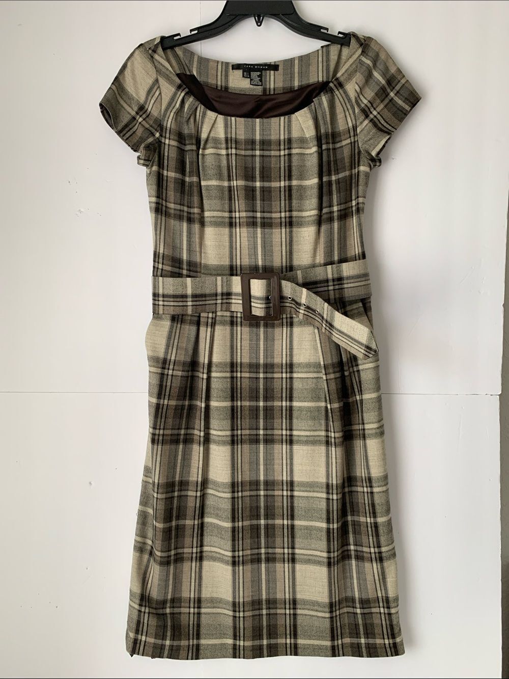 Zara Wool Blend Beige and Brown Plaid Belted Pockets Dress Size L - Picture 1 of 8
